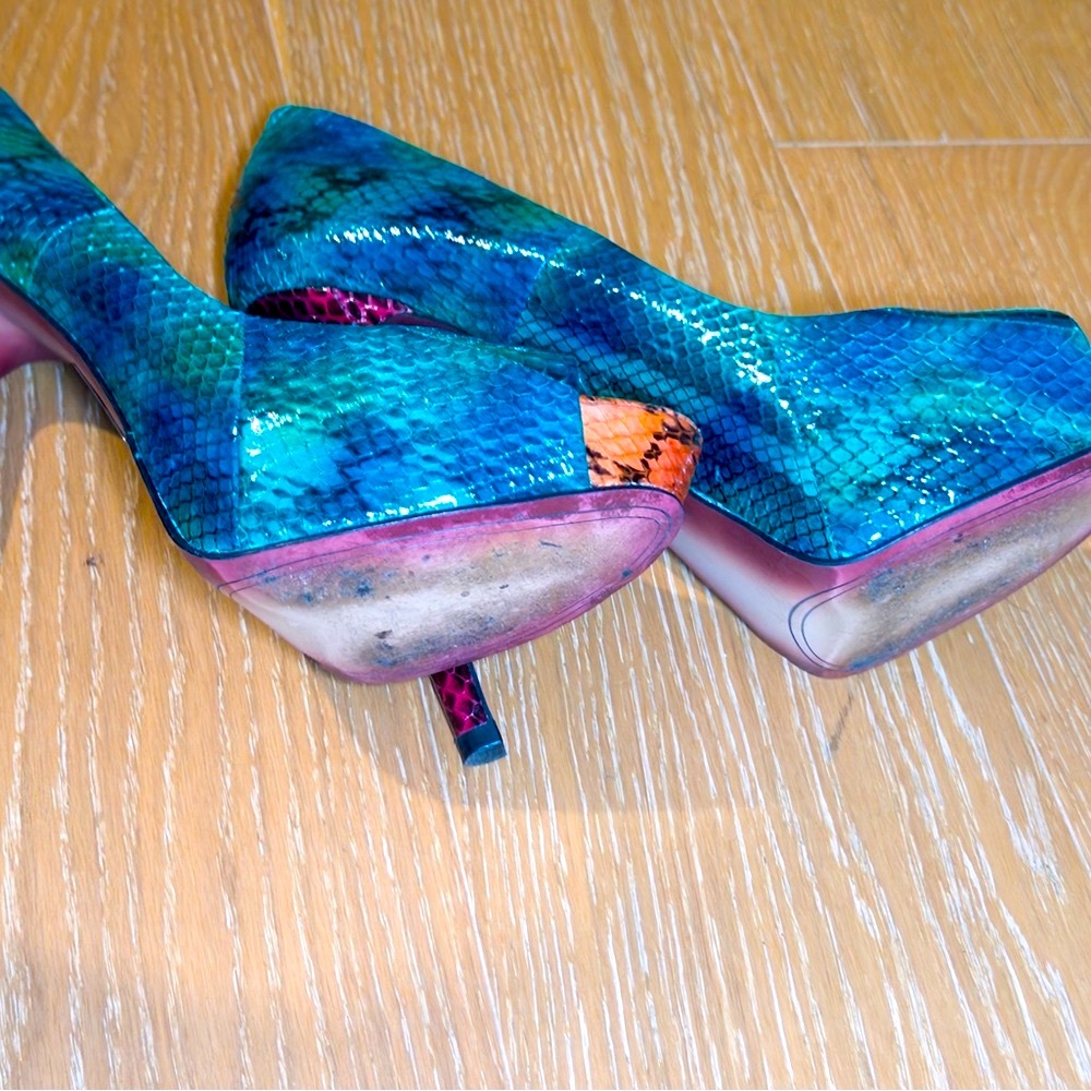 👠 Boutique 9 Blue and Brown Snake Print Classic Peep Toe Heels Size 9 - Picture 11 of 13
